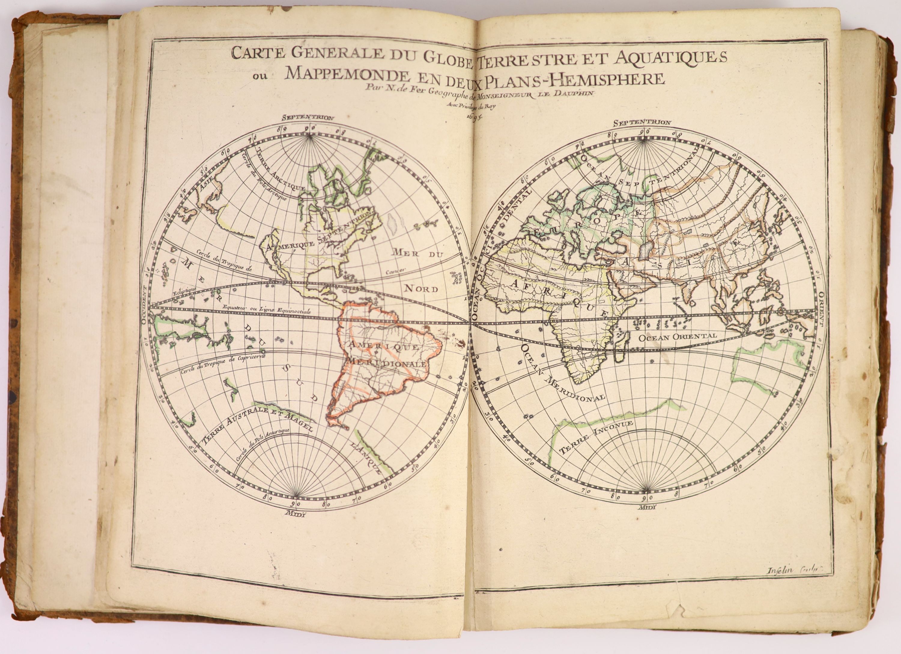 Fer, Nicholas de - Petit et Nouveau Atlas, 1st edition, oblong qto, original calf, title with armillary sphere and 19 double page mapsheets, all hand-coloured in outline, including North America, with California shown as